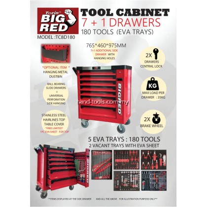 BigRed TC8D180 Kabinet alat  7+1 laci + 180 alat. Tool Cabinet – 7+1 Drawers with 180 Pieces Tools | Workshop Storage Solution Malaysia